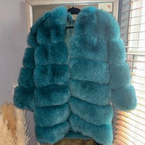 Luxurious Teal Fox Fur Jacket